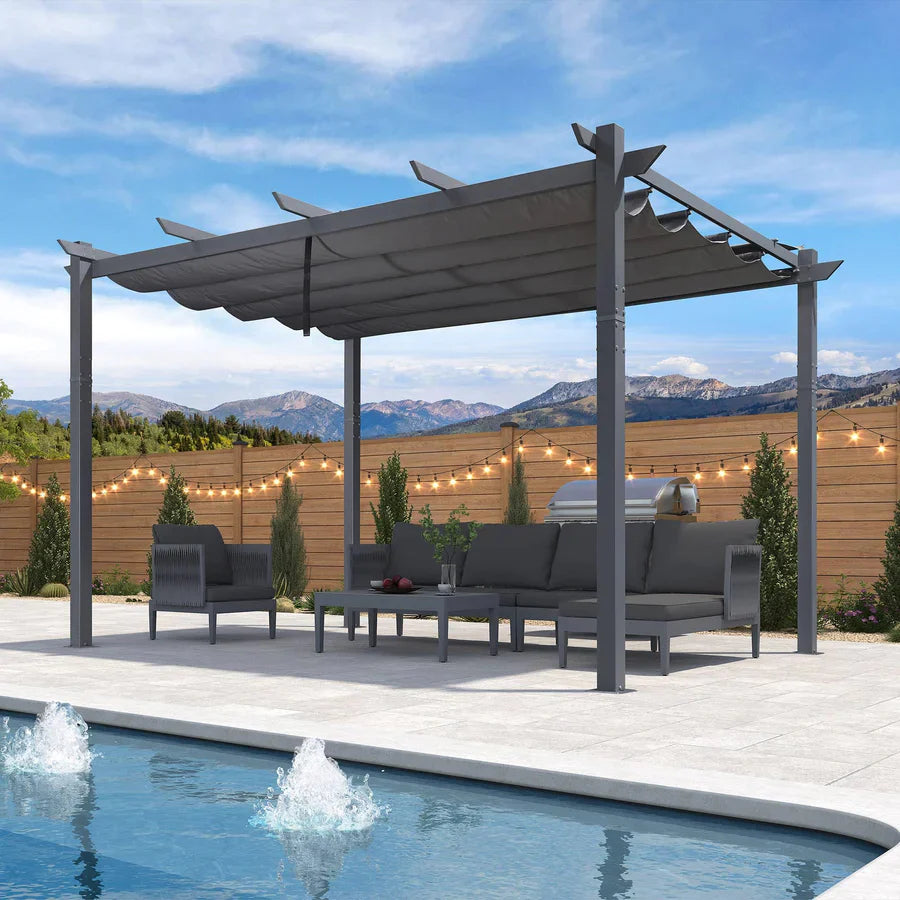 PURPLE LEAF Patio Retractable Pergola Shade Canopy Upgrade Charcoal Grey Frame Modern Grill Gazebo