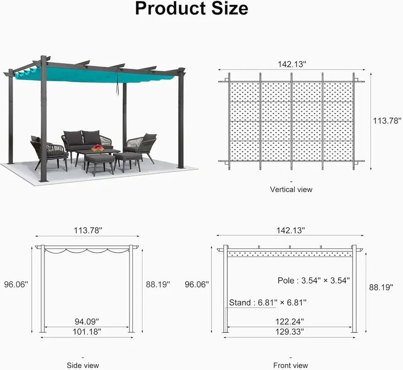 PURPLE LEAF Outdoor Retractable Pergola Patio Shelter Classical Pavilion Grill Gazebo