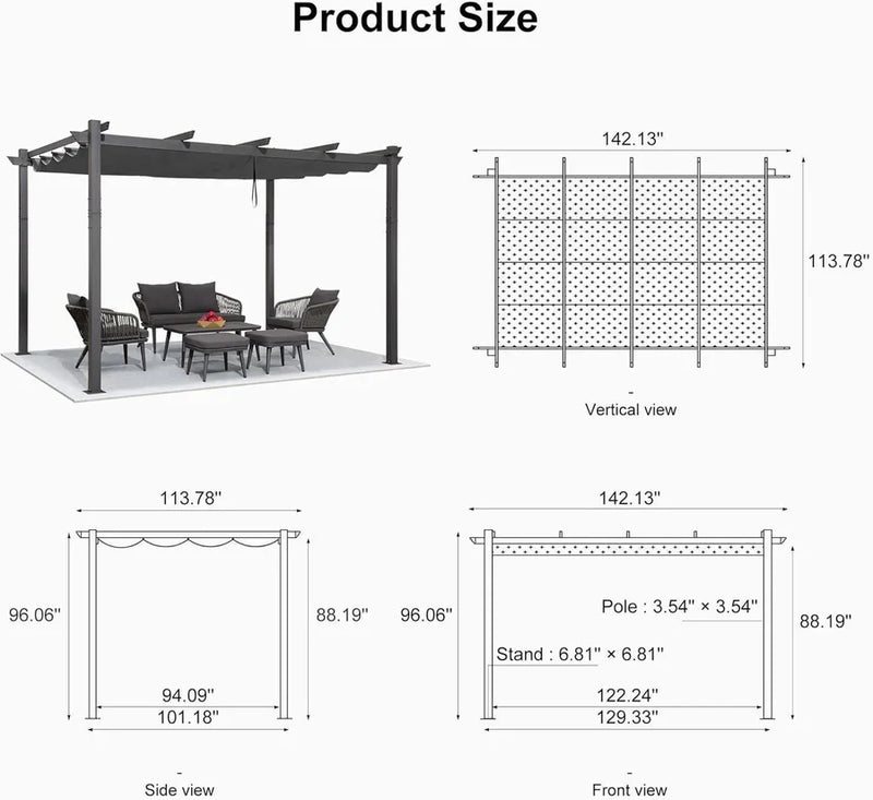 PURPLE LEAF Outdoor Retractable Pergola Patio Shelter Classical Pavilion Grill Gazebo