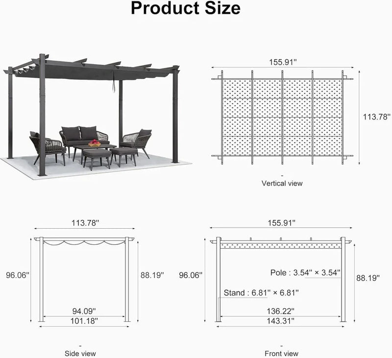 PURPLE LEAF Outdoor Retractable Pergola Patio Shelter Classical Pavilion Grill Gazebo