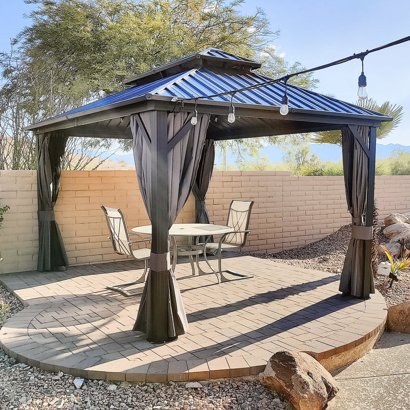 PURPLE LEAF Grey Hardtop Gazebo with Heavy Duty Galvanized Steel Double Roof with Netting and Curtains