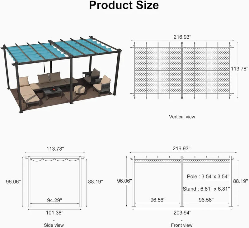 PURPLE LEAF Large Size Outdoor Pergola with Retractable Canopy Aluminum Shelter for Porch Garden Beach
