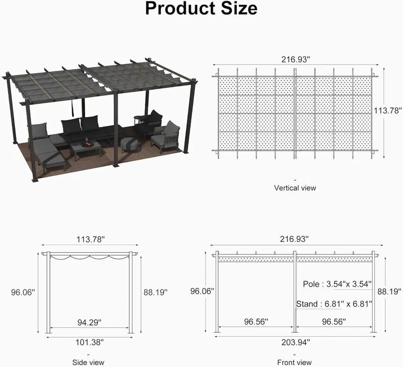 PURPLE LEAF Large Size Outdoor Pergola with Retractable Canopy Aluminum Shelter for Porch Garden Beach