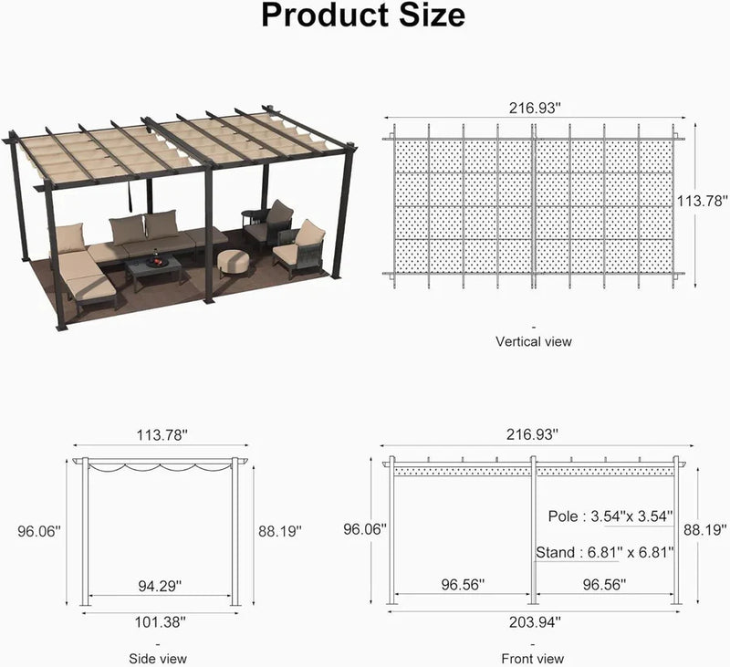 PURPLE LEAF Large Size Outdoor Pergola with Retractable Canopy Aluminum Shelter for Porch Garden Beach