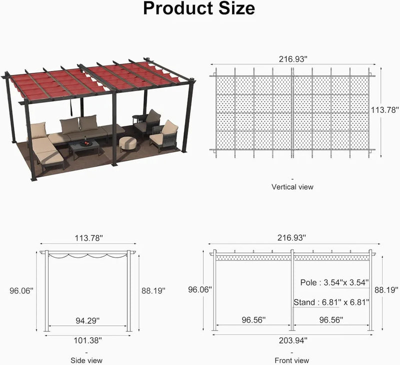 PURPLE LEAF Large Size Outdoor Pergola with Retractable Canopy Aluminum Shelter for Porch Garden Beach