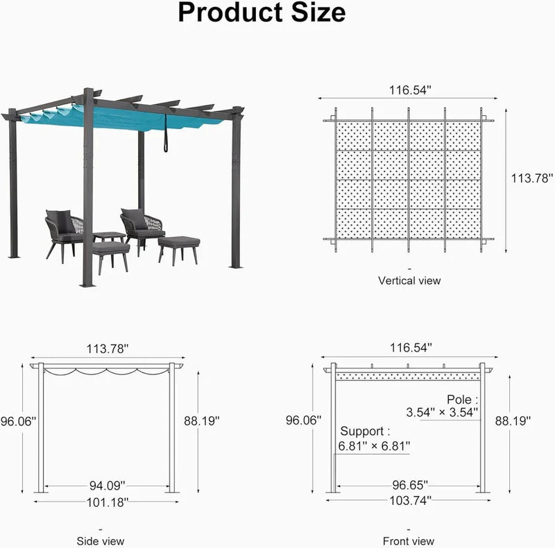 PURPLE LEAF Outdoor Retractable Pergola Patio Shelter Classical Pavilion Grill Gazebo