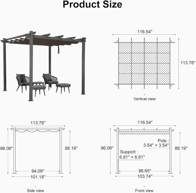 PURPLE LEAF Outdoor Retractable Pergola Patio Shelter Classical Pavilion Grill Gazebo