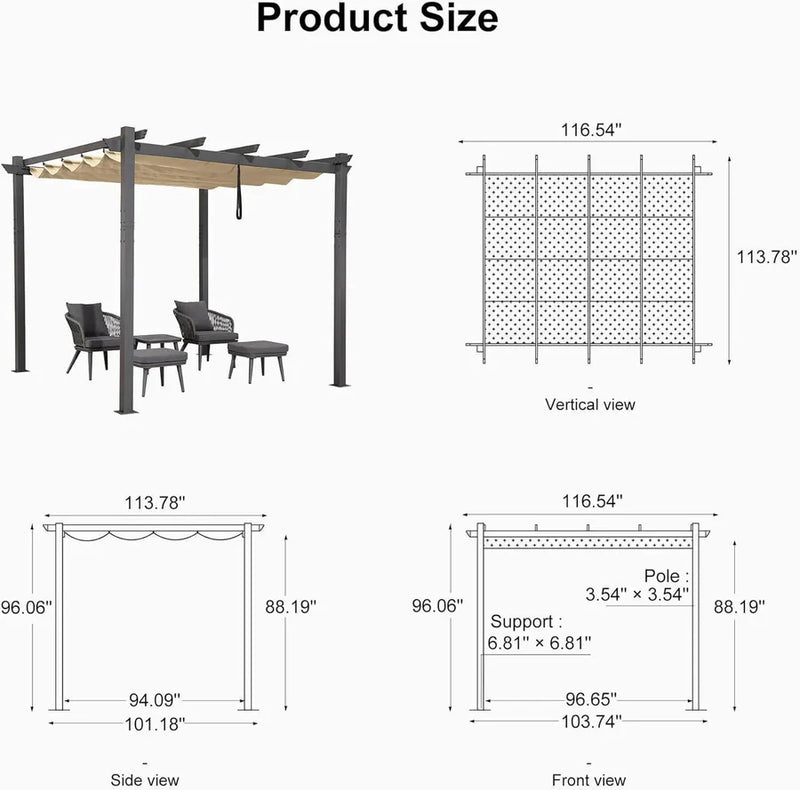 PURPLE LEAF Outdoor Retractable Pergola Patio Shelter Classical Pavilion Grill Gazebo
