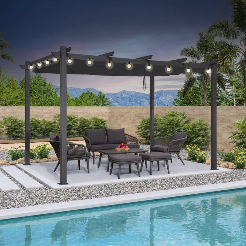 PURPLE LEAF Outdoor Retractable Pergola Patio Shelter for Garden Porch Beach Pavilion Grill Gazebo with Lights