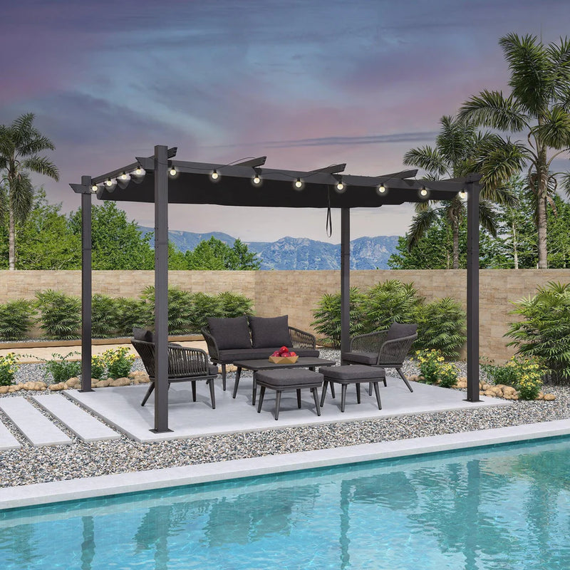 PURPLE LEAF Outdoor Retractable Pergola Patio Shelter for Garden Porch Beach Pavilion Grill Gazebo with Lights