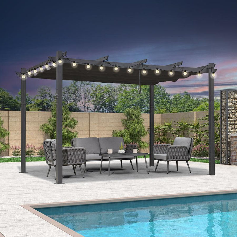 PURPLE LEAF Outdoor Retractable Pergola Patio Shelter for Garden Porch Beach Pavilion Grill Gazebo with Lights
