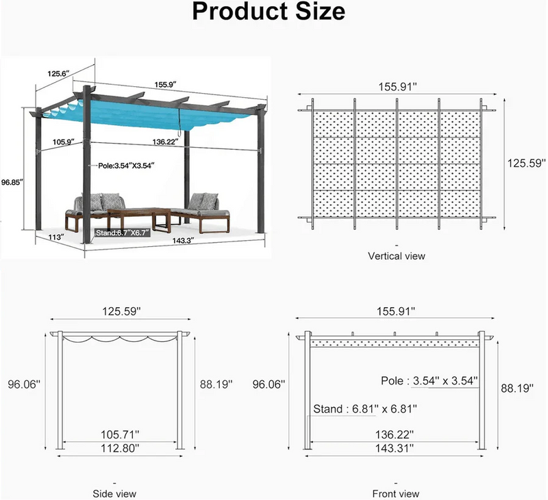 PURPLE LEAF Large Size Outdoor Pergola with Retractable Canopy Aluminum Shelter for Porch Garden Beach