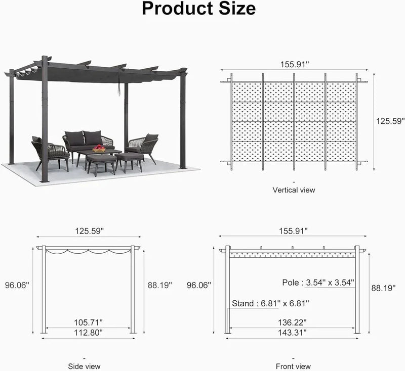PURPLE LEAF Large Size Outdoor Pergola with Retractable Canopy Aluminum Shelter for Porch Garden Beach