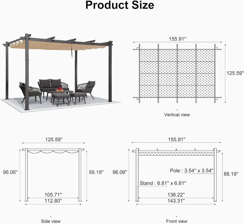 PURPLE LEAF Large Size Outdoor Pergola with Retractable Canopy Aluminum Shelter for Porch Garden Beach