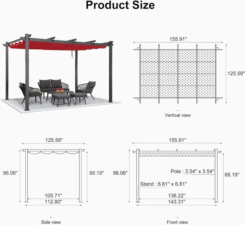 PURPLE LEAF Large Size Outdoor Pergola with Retractable Canopy Aluminum Shelter for Porch Garden Beach
