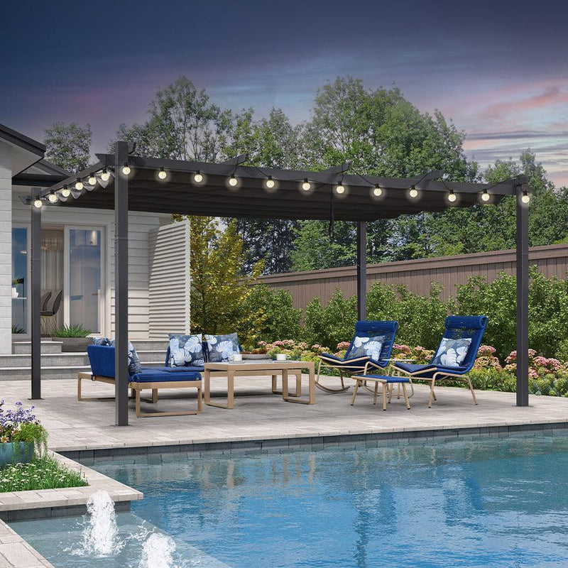 PURPLE LEAF Outdoor Retractable Pergola Patio Shelter for Garden Porch Beach Pavilion Grill Gazebo with Lights