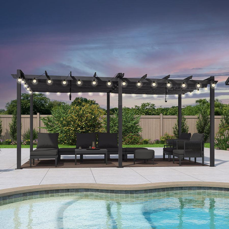 PURPLE LEAF Outdoor Retractable Pergola Patio Shelter for Garden Porch Beach Pavilion Grill Gazebo with Lights