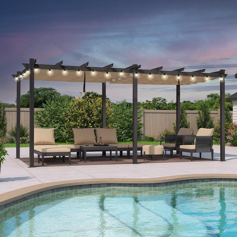 PURPLE LEAF Outdoor Retractable Pergola Patio Shelter for Garden Porch Beach Pavilion Grill Gazebo with Lights