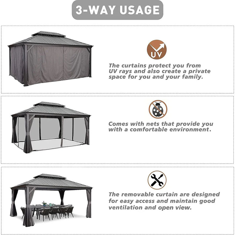 PURPLE LEAF Garden Gazebo  with Galvanized Steel Double Roof, Gazebo with Sides Curtain and Netting for All Weather