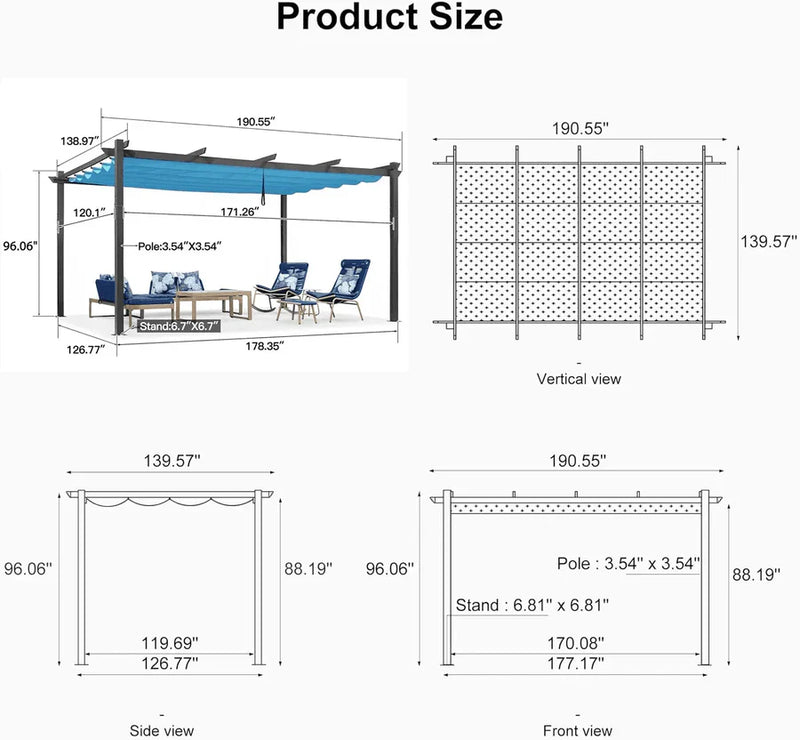 PURPLE LEAF Large Size Outdoor Pergola with Retractable Canopy Aluminum Shelter for Porch Garden Beach