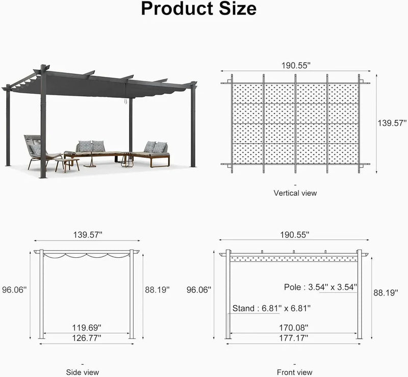 PURPLE LEAF Large Size Outdoor Pergola with Retractable Canopy Aluminum Shelter for Porch Garden Beach