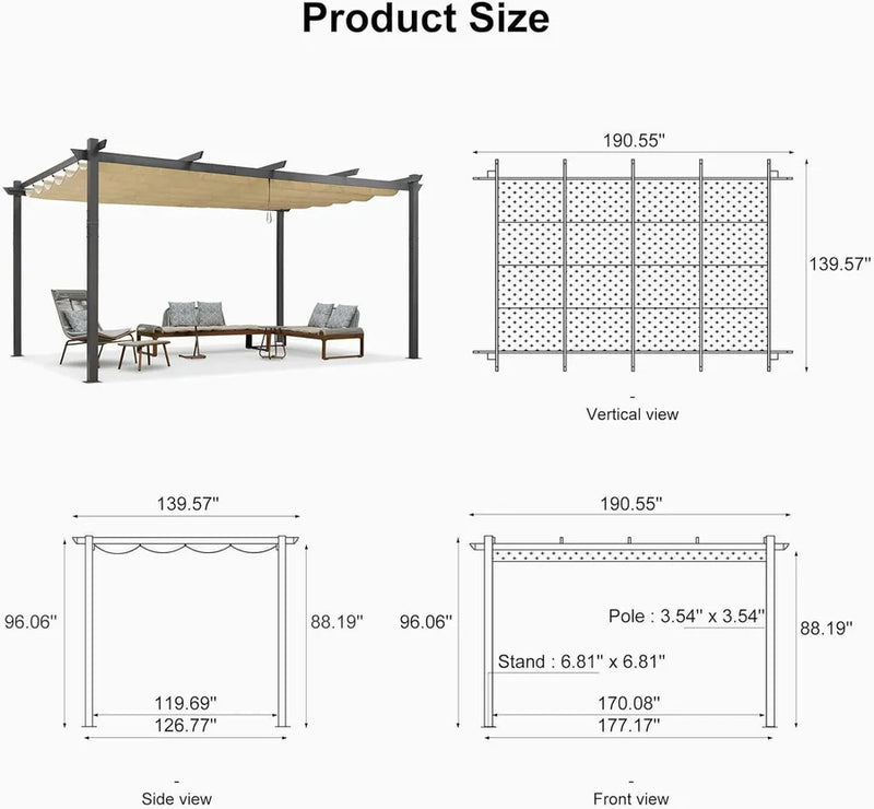 PURPLE LEAF Large Size Outdoor Pergola with Retractable Canopy Aluminum Shelter for Porch Garden Beach
