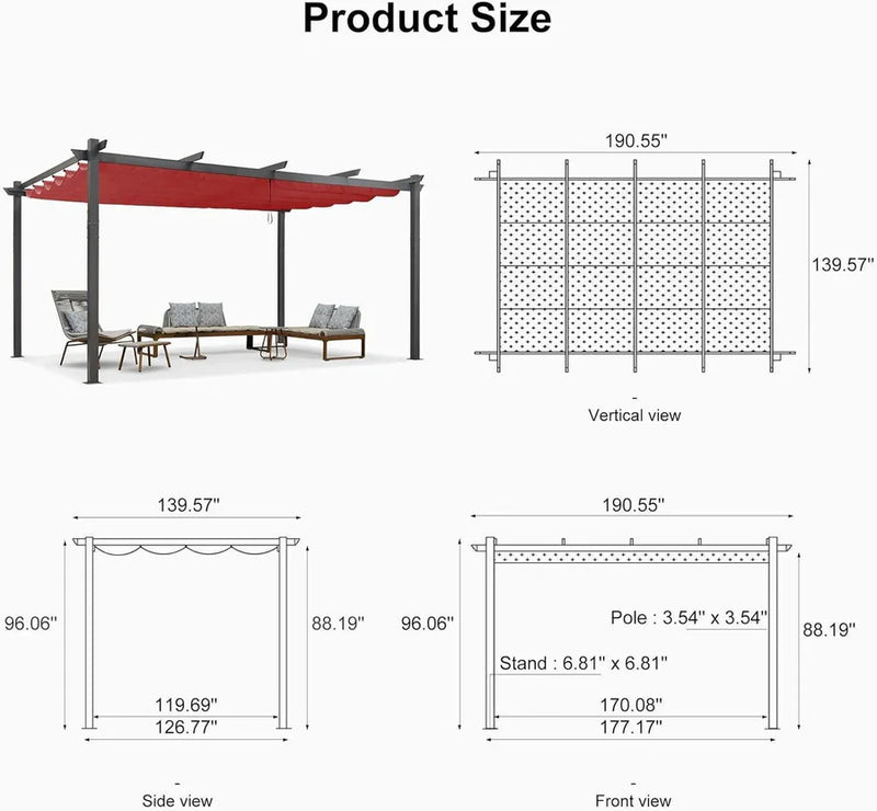 PURPLE LEAF Large Size Outdoor Pergola with Retractable Canopy Aluminum Shelter for Porch Garden Beach