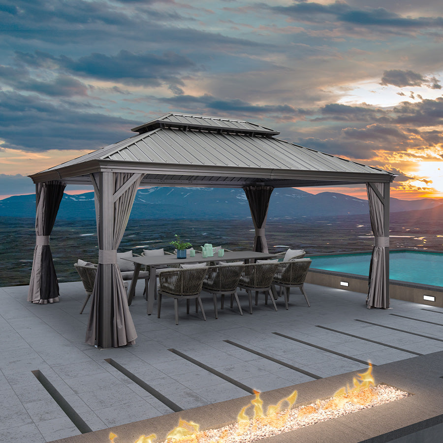 LEAF 3.65 x 4.85 M Patio Gazebo Backyard Grey Hardtop Galvanized Steel Roof Awning Upgrade Curtain