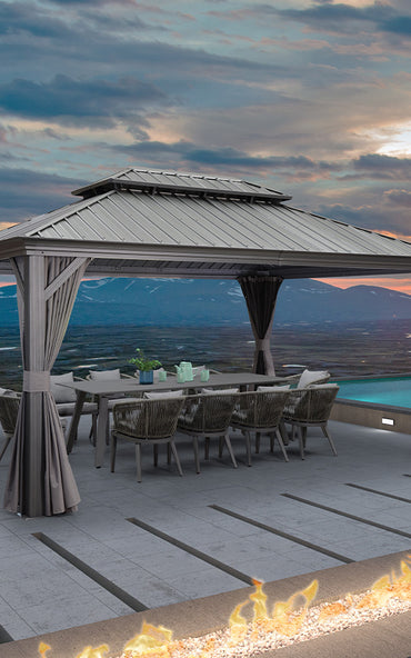 PURPLE LEAF 3.65 x 4.85 M Patio Gazebo for Backyard Grey Hardtop Galvanized Steel Roof Awning with Upgrade Curtain