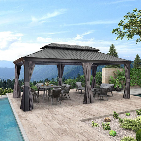 LEAF Garden Gazebo Galvanized Steel Double Roof Gazebo Sides Curtain Netting All Weather