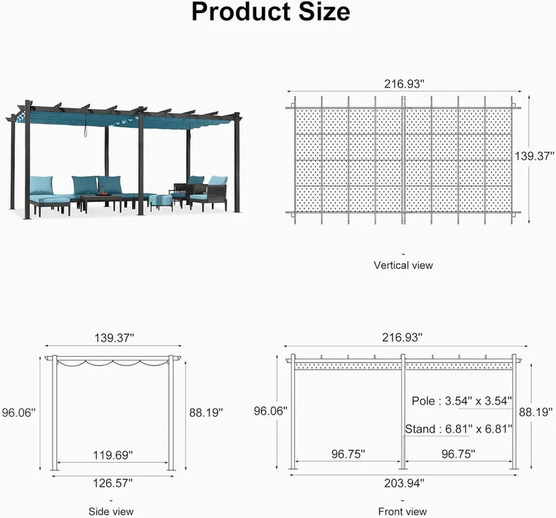 PURPLE LEAF Large Size Outdoor Pergola with Retractable Canopy Aluminum Shelter for Porch Garden Beach