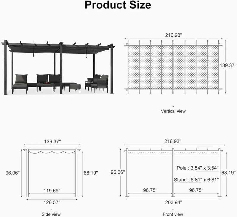 PURPLE LEAF Large Size Outdoor Pergola with Retractable Canopy Aluminum Shelter for Porch Garden Beach
