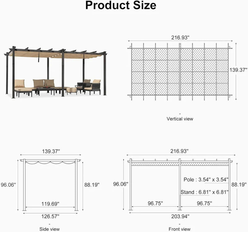 PURPLE LEAF Large Size Outdoor Pergola with Retractable Canopy Aluminum Shelter for Porch Garden Beach
