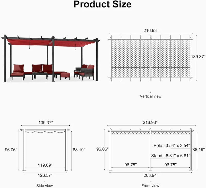 PURPLE LEAF Large Size Outdoor Pergola with Retractable Canopy Aluminum Shelter for Porch Garden Beach