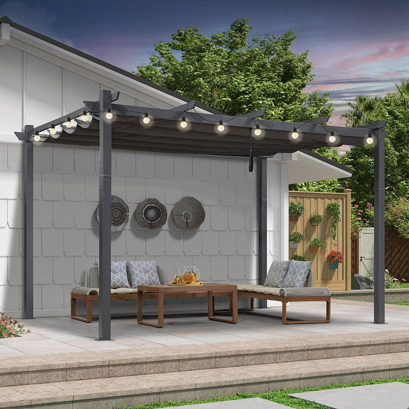 PURPLE LEAF Outdoor Retractable Pergola Patio Shelter for Garden Porch Beach Pavilion Grill Gazebo with Lights