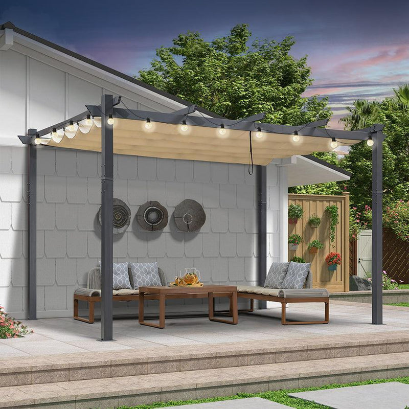 PURPLE LEAF Outdoor Retractable Pergola Patio Shelter for Garden Porch Beach Pavilion Grill Gazebo with Lights