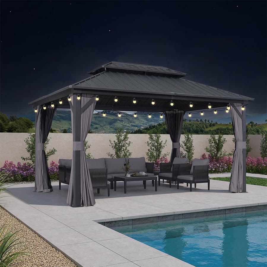 LEAF Grey Hardtop Gazebo Heavy Duty Galvanized Steel Double Roof String Lights clear