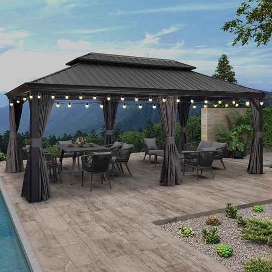 LEAF Patio Gazebo Backyard Grey Hardtop Galvanized Steel Roof Awning String Lights milky