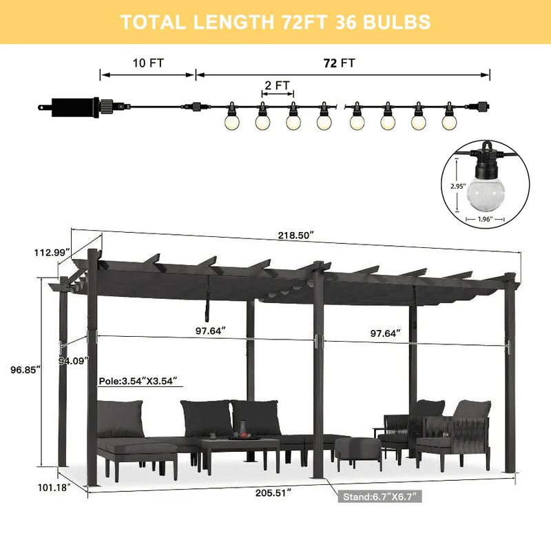 PURPLE LEAF Outdoor Retractable Pergola Patio Shelter for Garden Porch Beach Pavilion Grill Gazebo with Lights