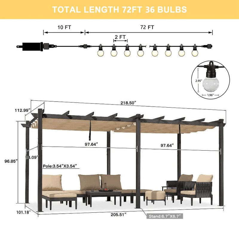 PURPLE LEAF Outdoor Retractable Pergola Patio Shelter for Garden Porch Beach Pavilion Grill Gazebo with Lights