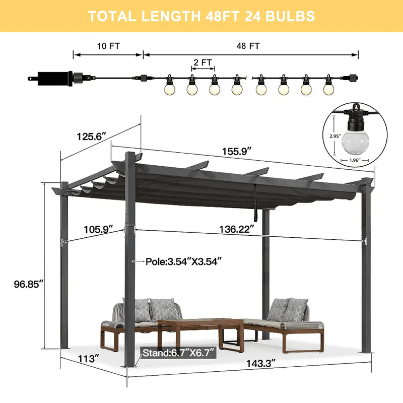 PURPLE LEAF Outdoor Retractable Pergola Patio Shelter for Garden Porch Beach Pavilion Grill Gazebo with Lights
