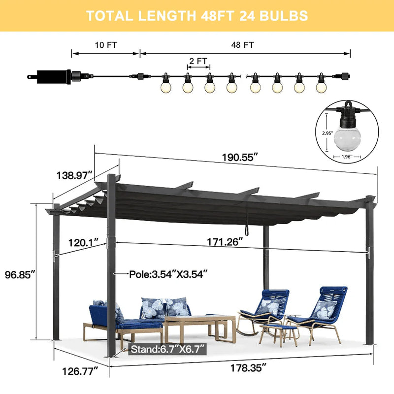 PURPLE LEAF Outdoor Retractable Pergola Patio Shelter for Garden Porch Beach Pavilion Grill Gazebo with Lights