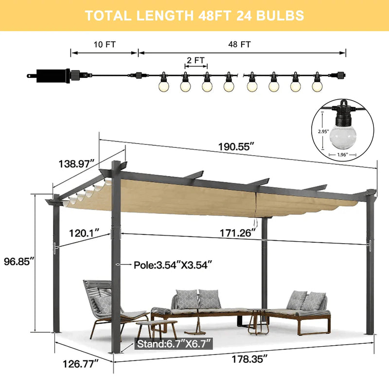 PURPLE LEAF Outdoor Retractable Pergola Patio Shelter for Garden Porch Beach Pavilion Grill Gazebo with Lights