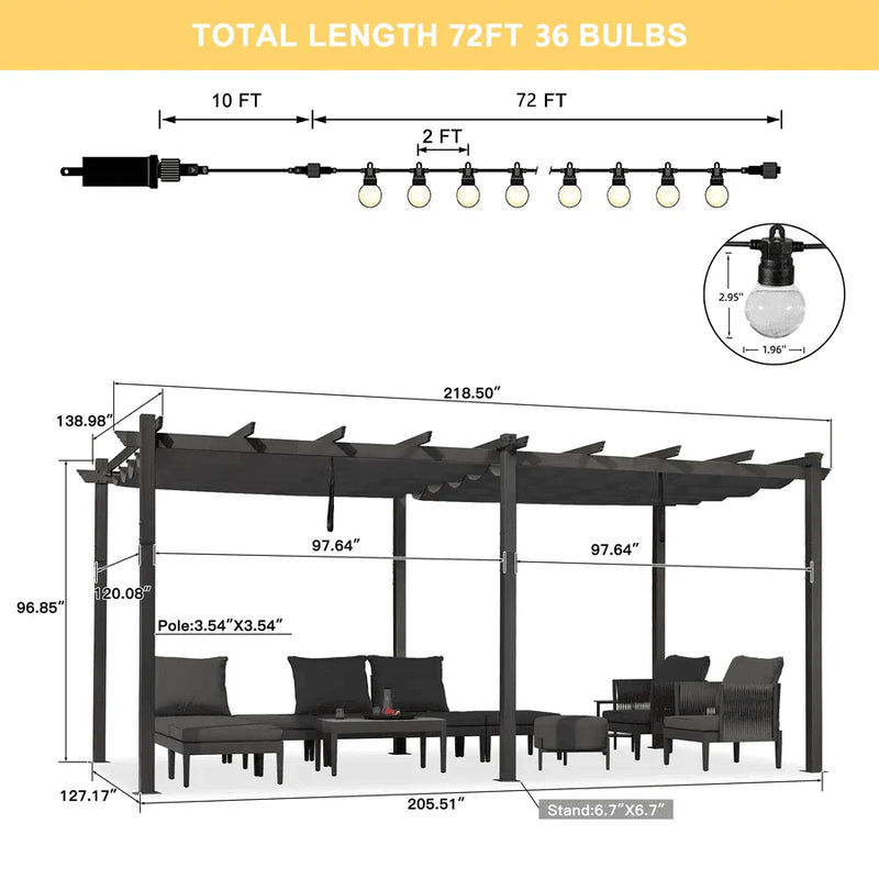 PURPLE LEAF Outdoor Retractable Pergola Patio Shelter for Garden Porch Beach Pavilion Grill Gazebo with Lights