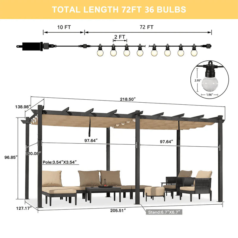 PURPLE LEAF Outdoor Retractable Pergola Patio Shelter for Garden Porch Beach Pavilion Grill Gazebo with Lights