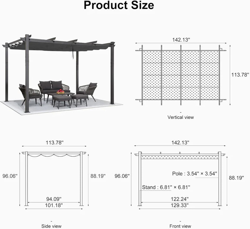 PURPLE LEAF Outdoor Retractable Pergola Patio Shelter for Garden Porch Beach Pavilion Grill Gazebo with Lights