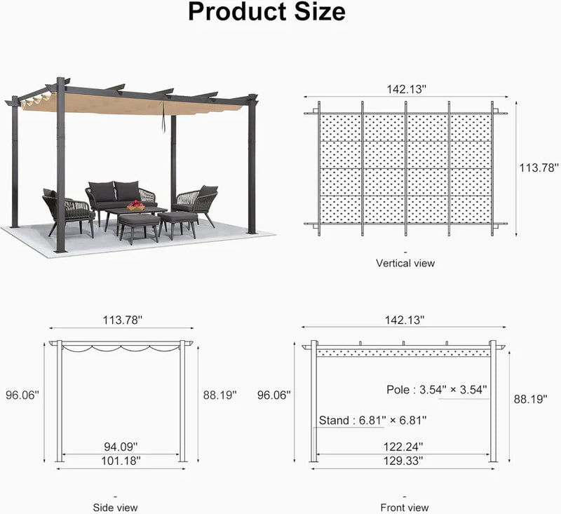 PURPLE LEAF Outdoor Retractable Pergola Patio Shelter for Garden Porch Beach Pavilion Grill Gazebo with Lights