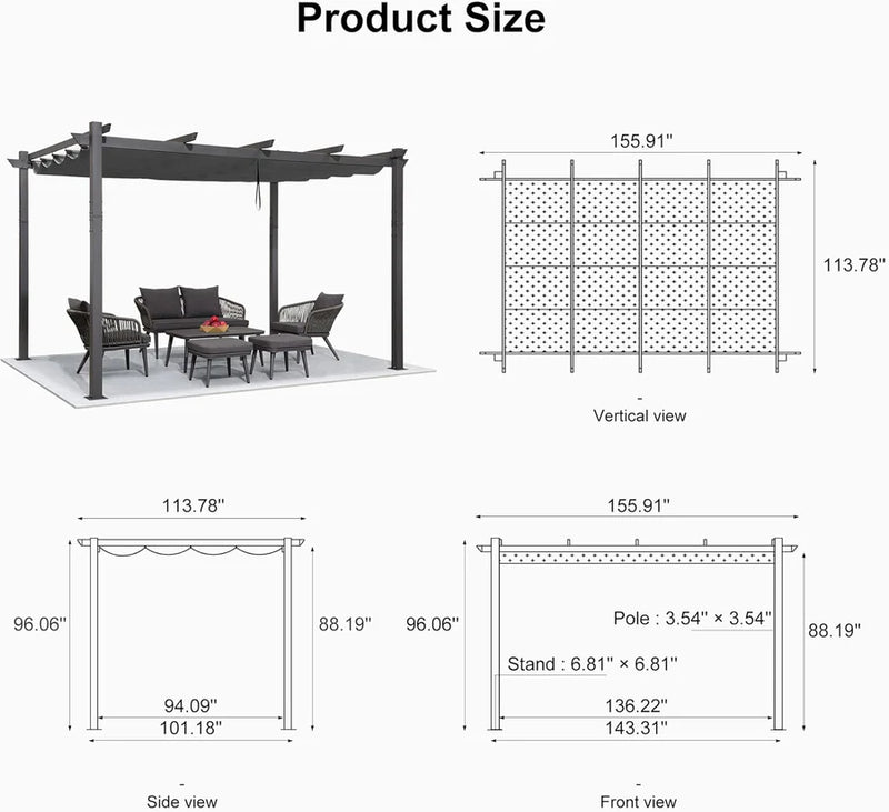 PURPLE LEAF Outdoor Retractable Pergola Patio Shelter for Garden Porch Beach Pavilion Grill Gazebo with Lights