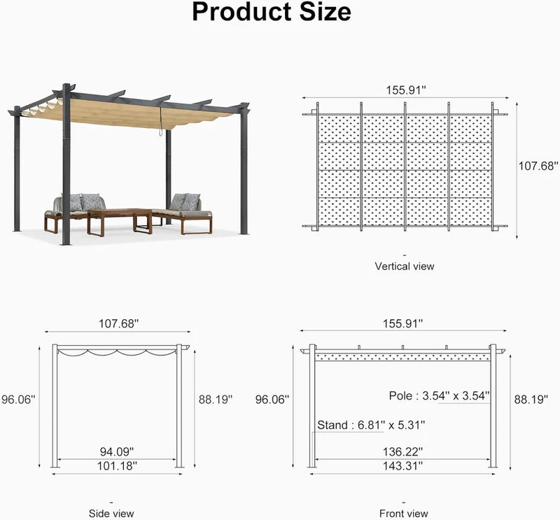 PURPLE LEAF Outdoor Retractable Pergola Patio Shelter for Garden Porch Beach Pavilion Grill Gazebo with Lights