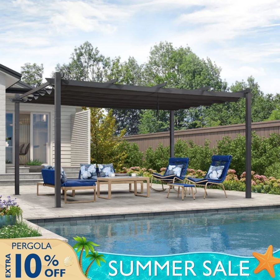 LEAF Large Outdoor Pergola Retractable Canopy Aluminum Shelter Porch Garden Beach